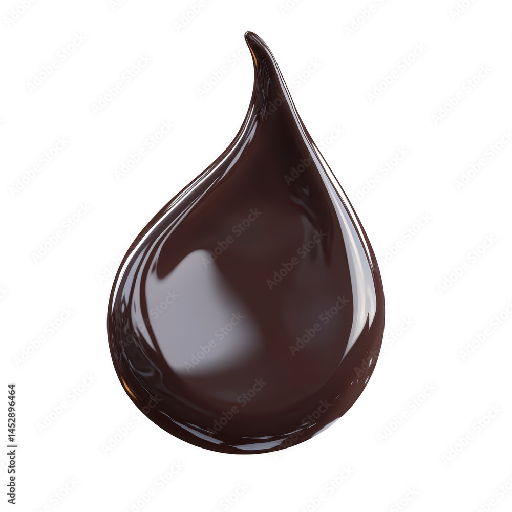 Poster glossy, dark chocolate drop with smooth, shiny surface, resembling teardrop shape, isolated on trans