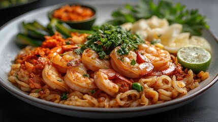 Plate of shrimp pasta with herbs sauce and lime wedge on dark background.