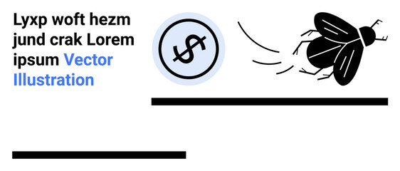 Fly hovering beside coin with dollar sign, symbolizing financial distraction or chaos. Ideal for finance, money loss, disruption, pest control, investment risks, humor, simple landing page