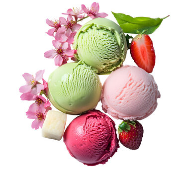Three scoops of matcha, strawberry, and vanilla ice cream topped with mochi cubes and sakura petals, vibrant and clean on white.