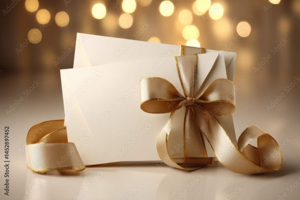 Poster elegant invitation card with golden ribbon and soft bokeh lights creating a warm and inviting atmosp