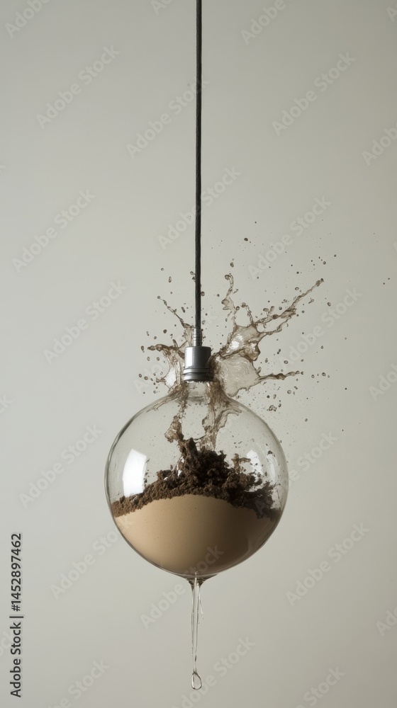 Poster suspended glass globe with splashing liquid and earthy sediment creating a dynamic and artistic visu