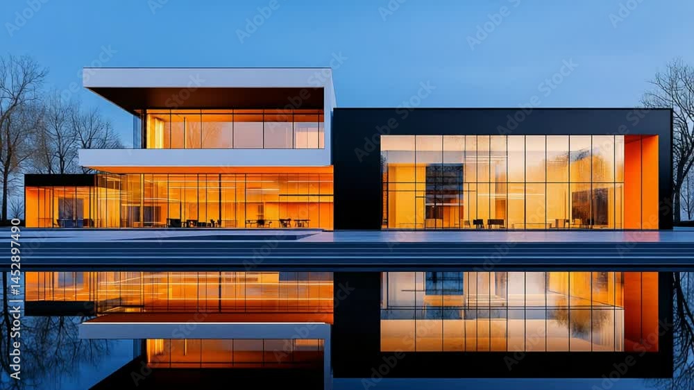 Poster modern architecture featuring large glass walls and elegant reflections near water at twilight with 