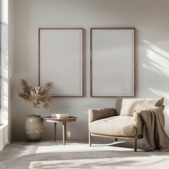 modern home living room with mockup white poster frames, soft light from left, beige armchair and side table, white carpet, minimal wall design