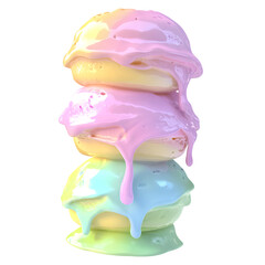 Three-scoop stack of rainbow sherbet in pastel tones, melting slightly with glossy textures,...