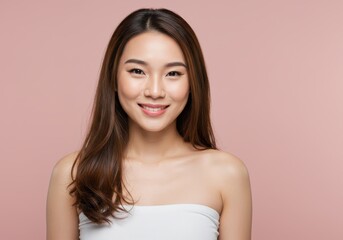 Fototapeta premium Beautiful young woman smiling portrait with long brown hair and smooth skin pink background girl face