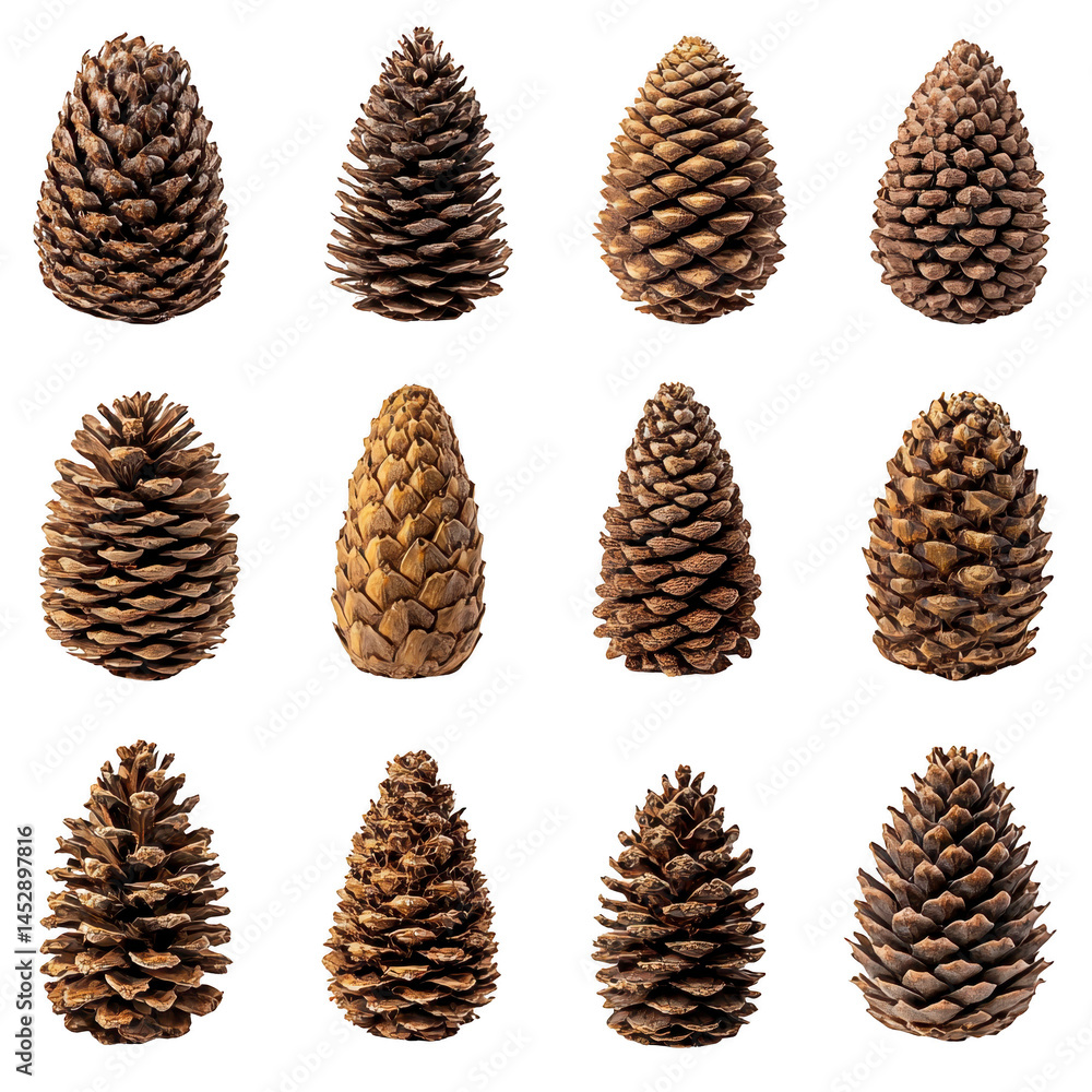 Poster collection of twelve pine cones displayed against transparency background, showcasing various shapes