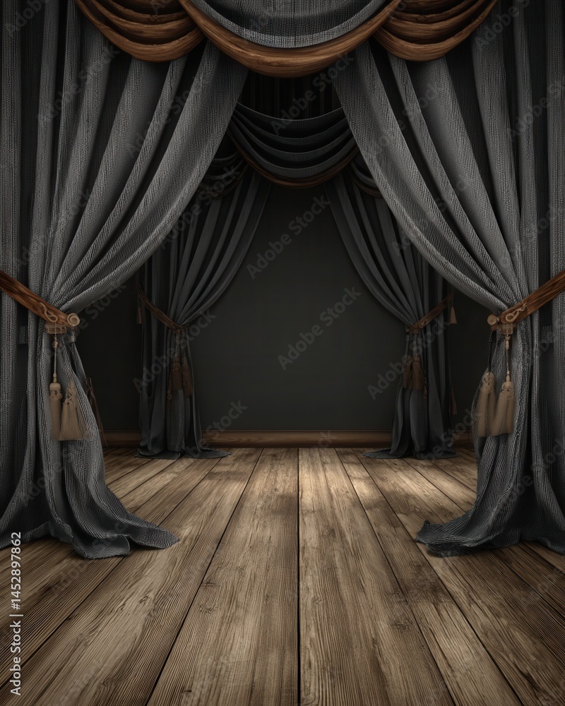 Aufkleber elegant theater stage backdrop with draped curtains and wooden floor creating a dramatic and invitin
