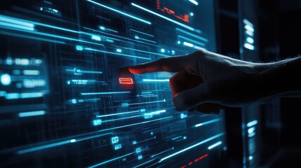 Cybersecurity Hand Selecting Red Alert on Digital Screen.