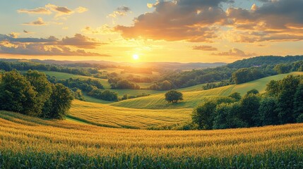 Fototapeta premium Serene sunset over rolling hills with golden fields and lush greenery in the background
