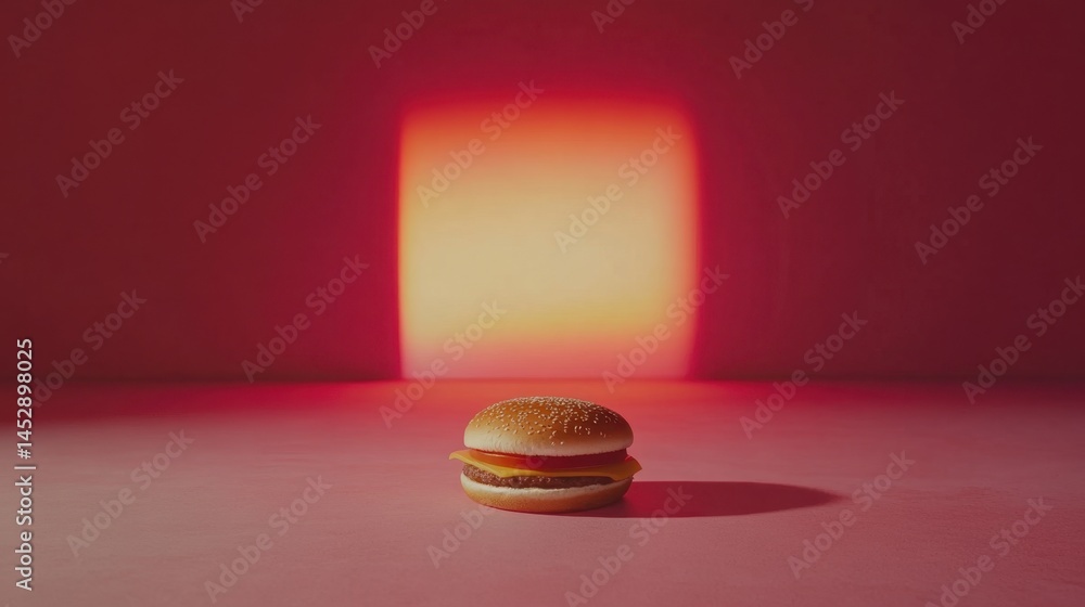Poster appetizing cheeseburger on pink surface with vibrant red background and soft light creating a modern
