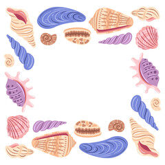 A whimsical vector illustration depicting a shell frame adorned with various colorful seashells, evoking a beachy vibe. Perfect for summer-themed designs, marine decor, or ocean-inspired art projects.