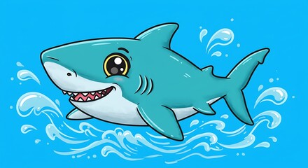 Obraz premium Adorable Cartoon Shark: Teal Delight in Blue Waters AI Generated