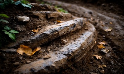 Fototapeta premium Stone steps built into a muddy hillside with fallen leaves
