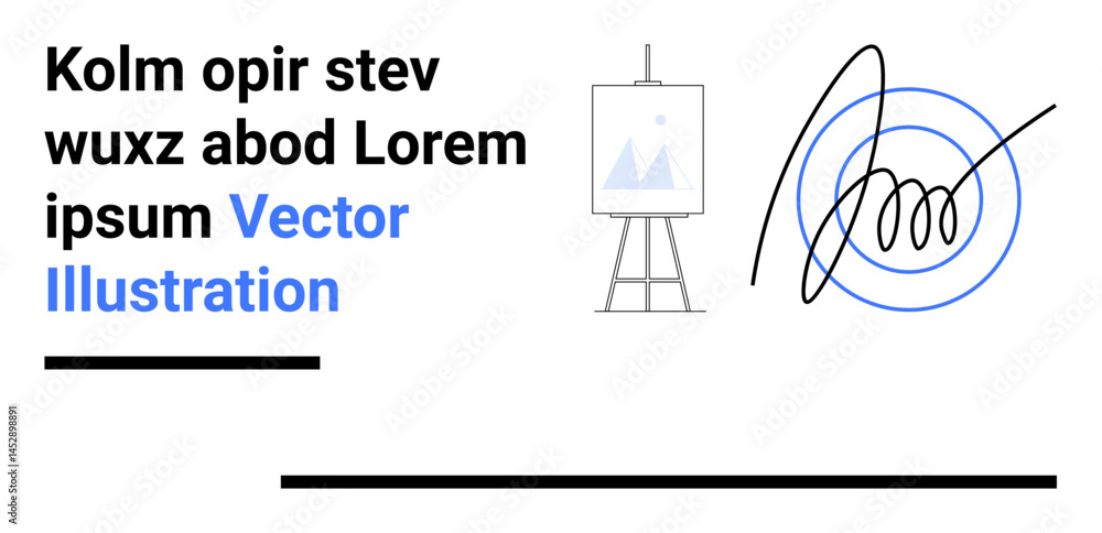 Poster text composition with lorem ipsum, art canvas on an easel with a minimalist mountain image, curved s