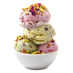 Triple scoop of pistachio, saffron, and rose ice cream topped with golden almonds, crushed pistachios, and edible dried roses, ultra-clean on white.