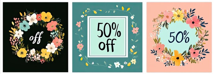 Floral Sale Banners with Text 50% Off in Wreath and Arrangements