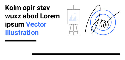 Text composition with lorem ipsum, art canvas on an easel with a minimalist mountain image, curved signature style, black and blue highlights. Ideal for branding, design, creativity, typography
