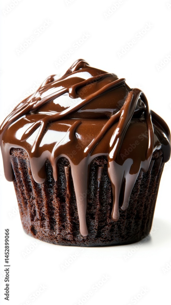 Poster decadent chocolate cupcake with rich fudge frosting on a white background creating a tempting desser