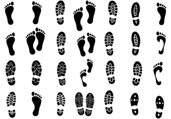 Footprints and shoe prints seamless pattern vector design for backgrounds and textile prints black and white
