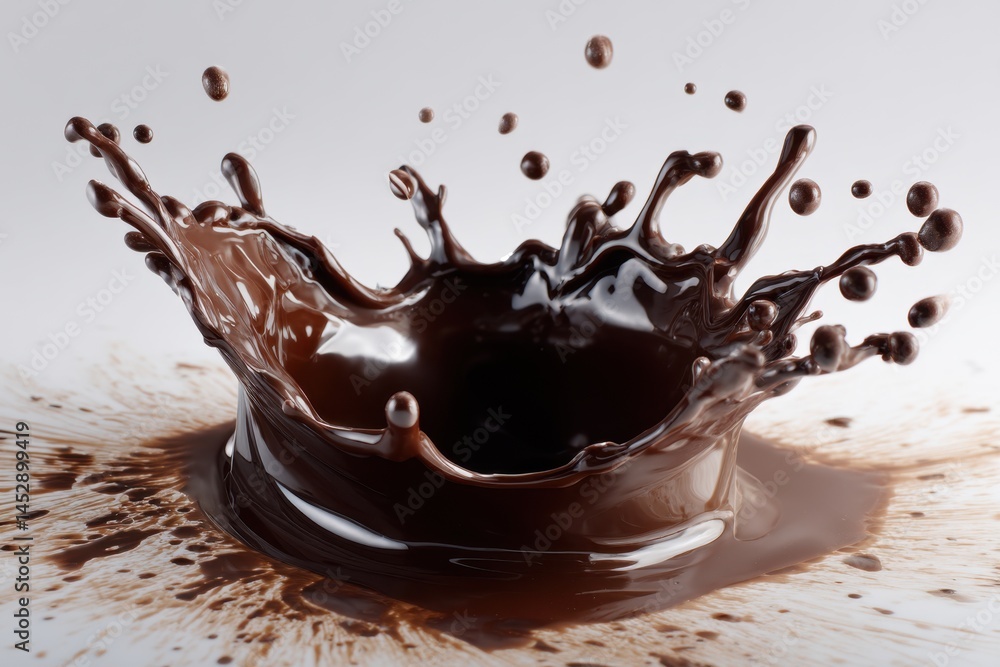Poster captivating chocolate splash with droplets frozen in time against a clean background creating a dyna