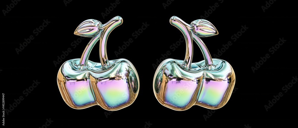 Poster two iridescent cherry sculptures on a black background showcasing vibrant color gradients and a glos