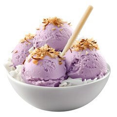 Ube, lychee, and coconut scoops topped with toasted coconut flakes and a sugar stick, HD and vibrant, PNG ready.