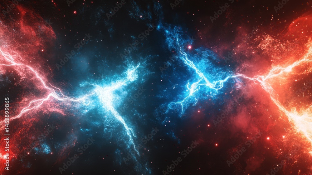 Poster dynamic cosmic energy field with vibrant red and blue plasma streams creating an abstract space back