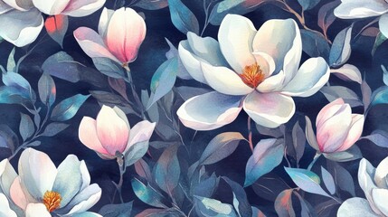 Fototapeta premium Elegant Watercolor Magnolia Seamless Pattern.