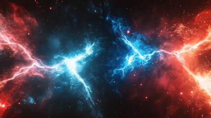 Fototapeta premium Dynamic cosmic energy field with vibrant red and blue plasma streams creating an abstract space background showcasing powerful celestial phenomenon and captivating visual depth