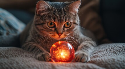 Tabby cat lying down looking at a glowing orange sphere on a blanket.