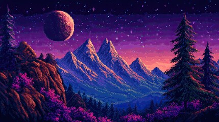 Pixel Art Mountainscape Alien Moon with Night Sky.