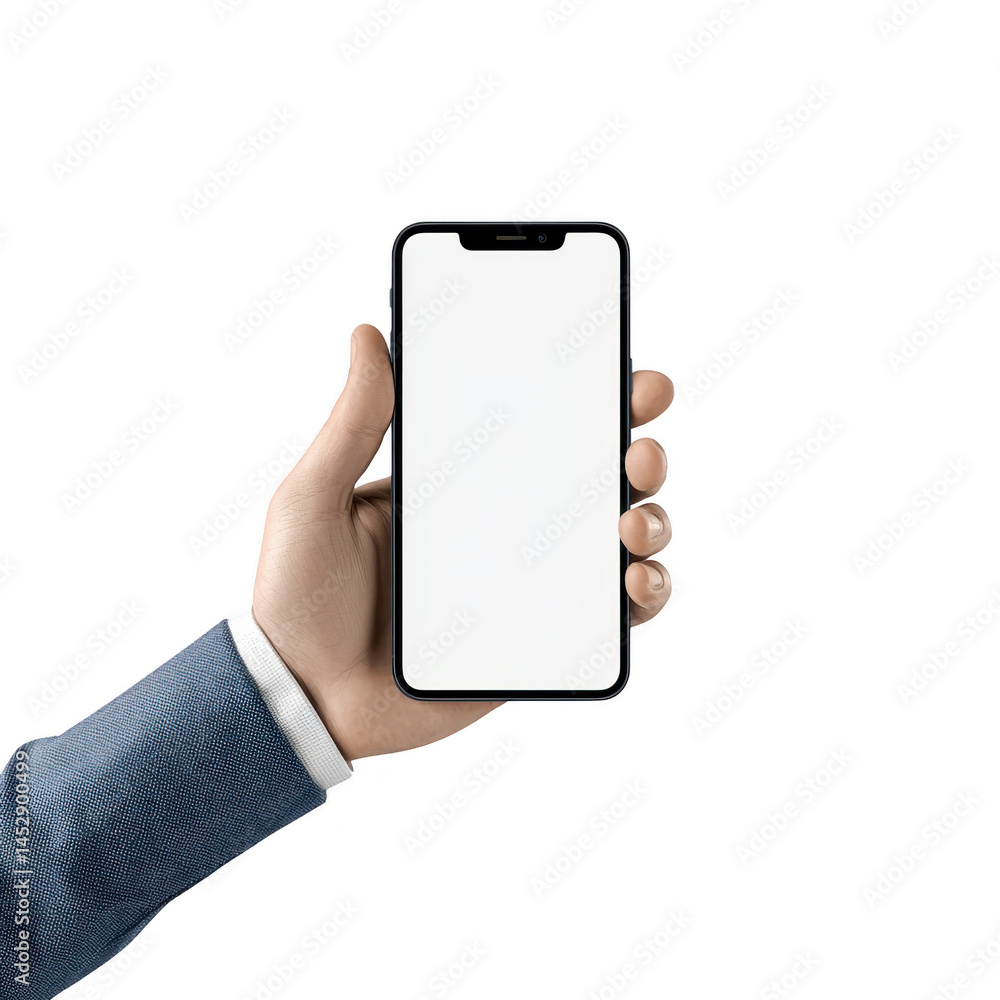 Poster hand in blue suit holds smartphone with blank screen, ready for customization or app display. image 