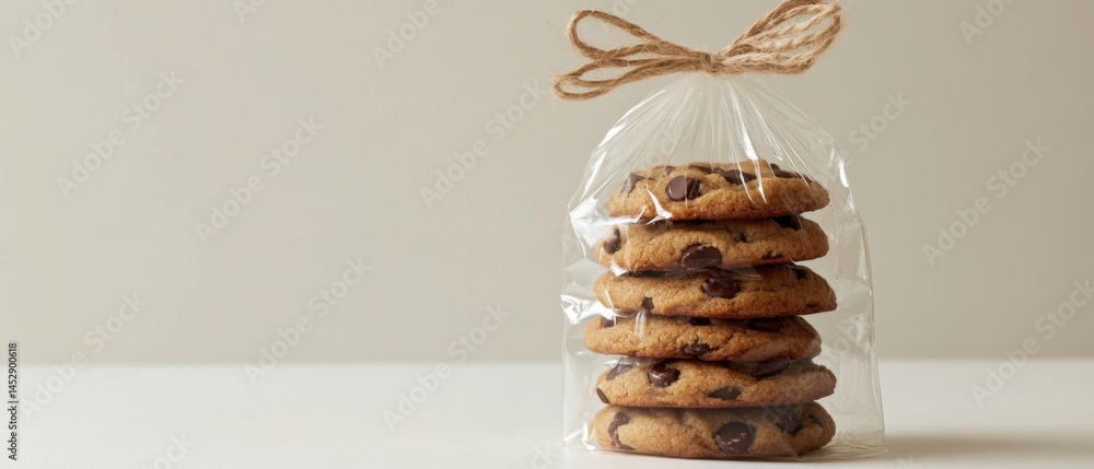 Poster Delicious chocolate chip cookies stacked in a clear bag tied with twine on a neutral background creating a warm and inviting mood perfect for baking and treat themes