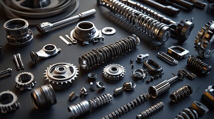 Metallic machine parts scattered on a dark surface.