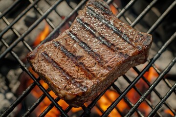 Grilled steak on barbecue, flames visible below.  Outdoor cooking, summer meal. Food photography