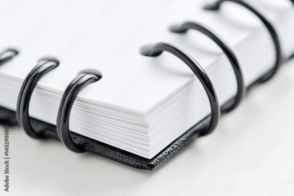 Poster minimalist close up of a spiral bound notebook with blank white pages on clean white surface for not