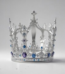 Gleaming silver crown, embedded gemstones, pristine white background,  isolated,  precious stones