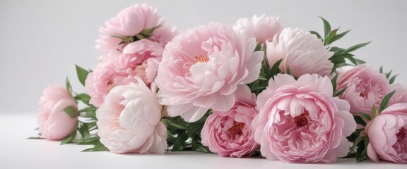 Delicate pink peonies & roses bouquet  White background  Copy space ,  roses,  flower arrangement
