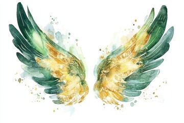 Watercolor Ornate Gold and Green Angel Wings - Elegant watercolor angel wings, symbolizing freedom, spirituality, protection, hope, and divine grace. A perfect decorative piece