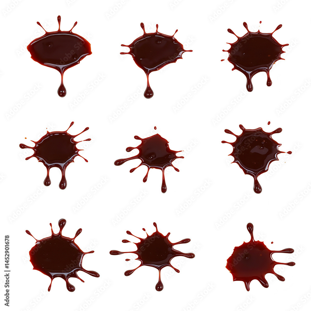 Poster nine realistic red liquid splatters are arranged grid transparency background, resembling blood stai