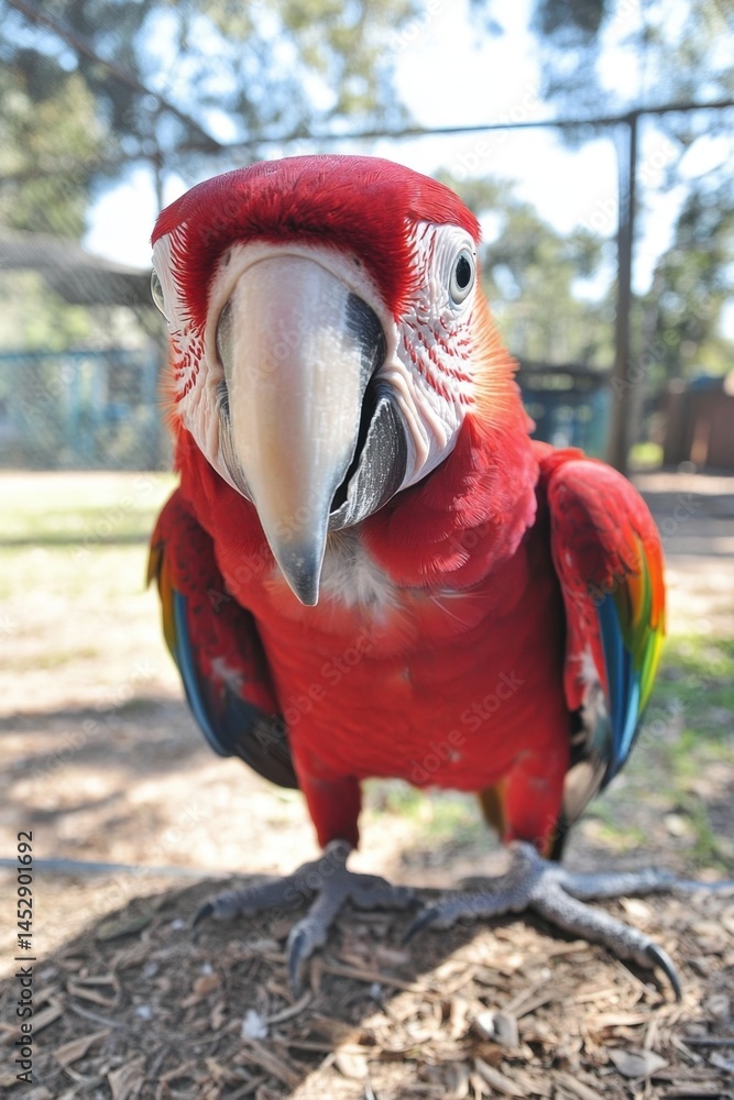 Poster striking close up of a vibrant scarlet macaw perched on ground with feathers displaying vivid colors