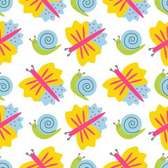 Summer seamless pattern with insects, flowers, bee, dragonfly, caterpillar, snail, Bright Colorful background. Vector, Isolated.