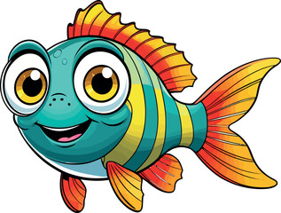 A cute and funny cartoon fish, a colorful animal illustration from the sea, is swimming in the water, a fun design