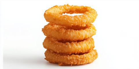 Crispy golden onion rings stacking in appetizing tower, revealing deep-fried perfection against pristine white surface