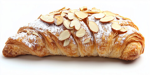Golden almond croissant dusted with powdered sugar, flaky pastry glistening with buttery layers, bakery-fresh delicacy