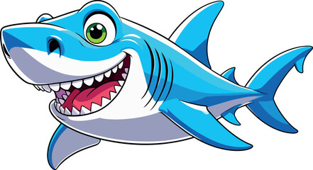 Naklejka premium Funny cartoon shark, a blue vector animal illustration of sea life, isolated on white