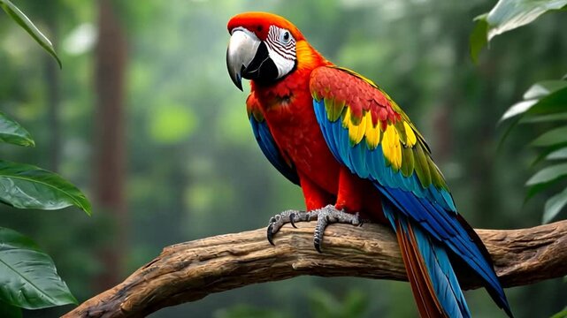 Colorful macaw perched on branch in lush forest setting.  Potential use Nature photography, wildlife, parrot images