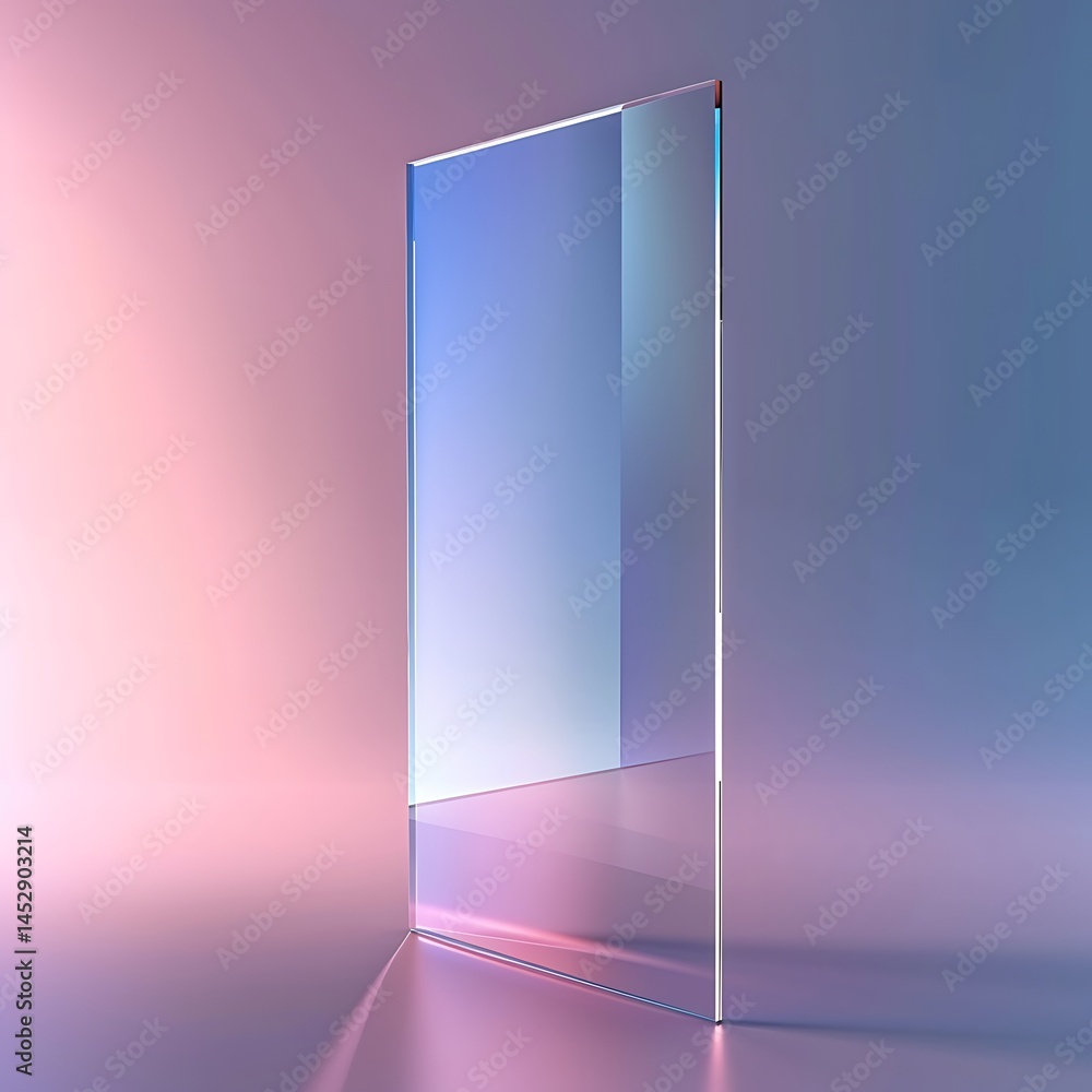Aufkleber elegant vertical glass pane or rectangle standing on a reflective surface, refracting soft pink and 