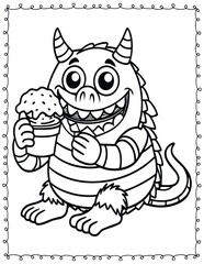 Cute Monster fast food Coloring Pages For Kids. High resolution (300 DPI), ready to print on standard 8.5x11 inch paper  With No Bleed, Black and White Vector illustration AI, EPS, PNG, JPEG.